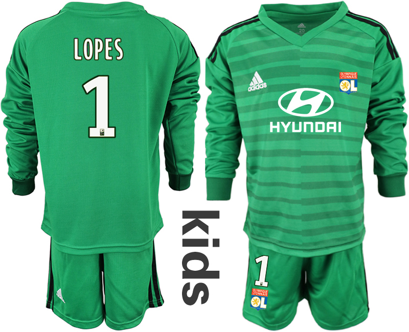 2018_2019 Club Olympique Lyonnais green long sleeve Youth goalkeeper #1 soccer jerseys->youth soccer jersey->Youth Jersey